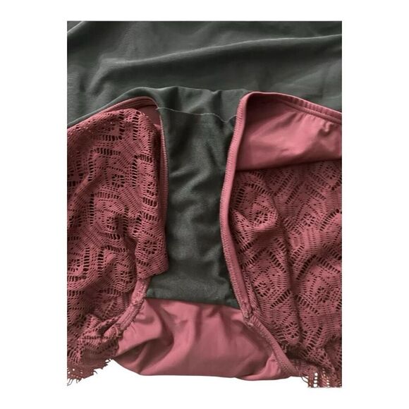 Swimsuits For All Wine Crochet Side Slit V-Neck Swim Dress Plus Size 32 Burgundy - Picture 10 of 13